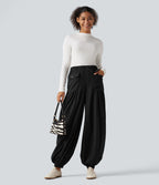 Jogging baggy taille haute effet lin froncé avec poches