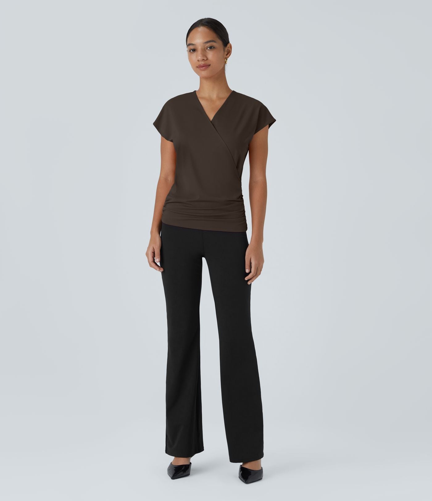 Blouse Travail Unie Froncée Croisée Manches Courtes Col en V