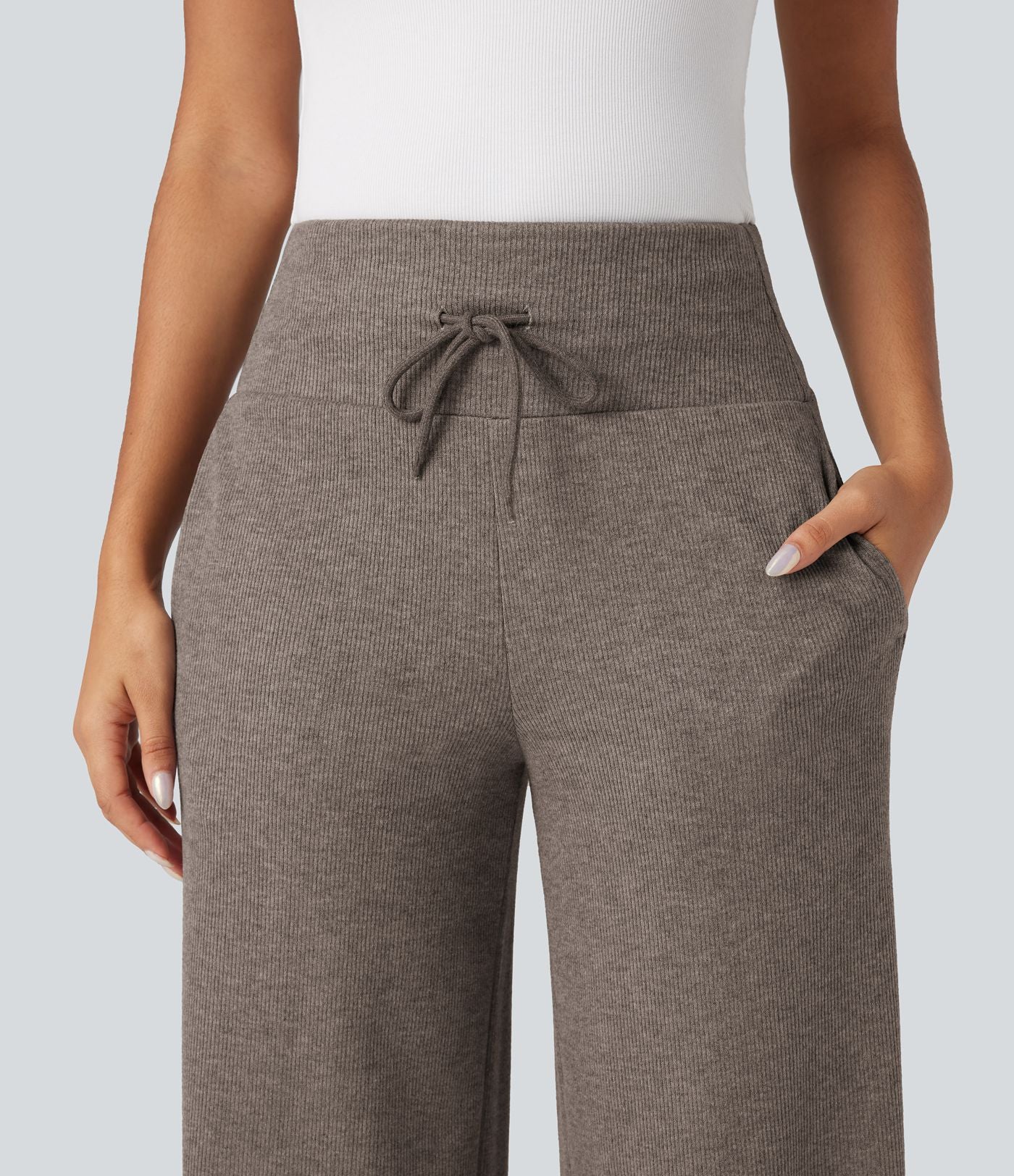 Pantalon jogging large décontracté côtelé gainant taille haute avec cordon de serrage et poches
