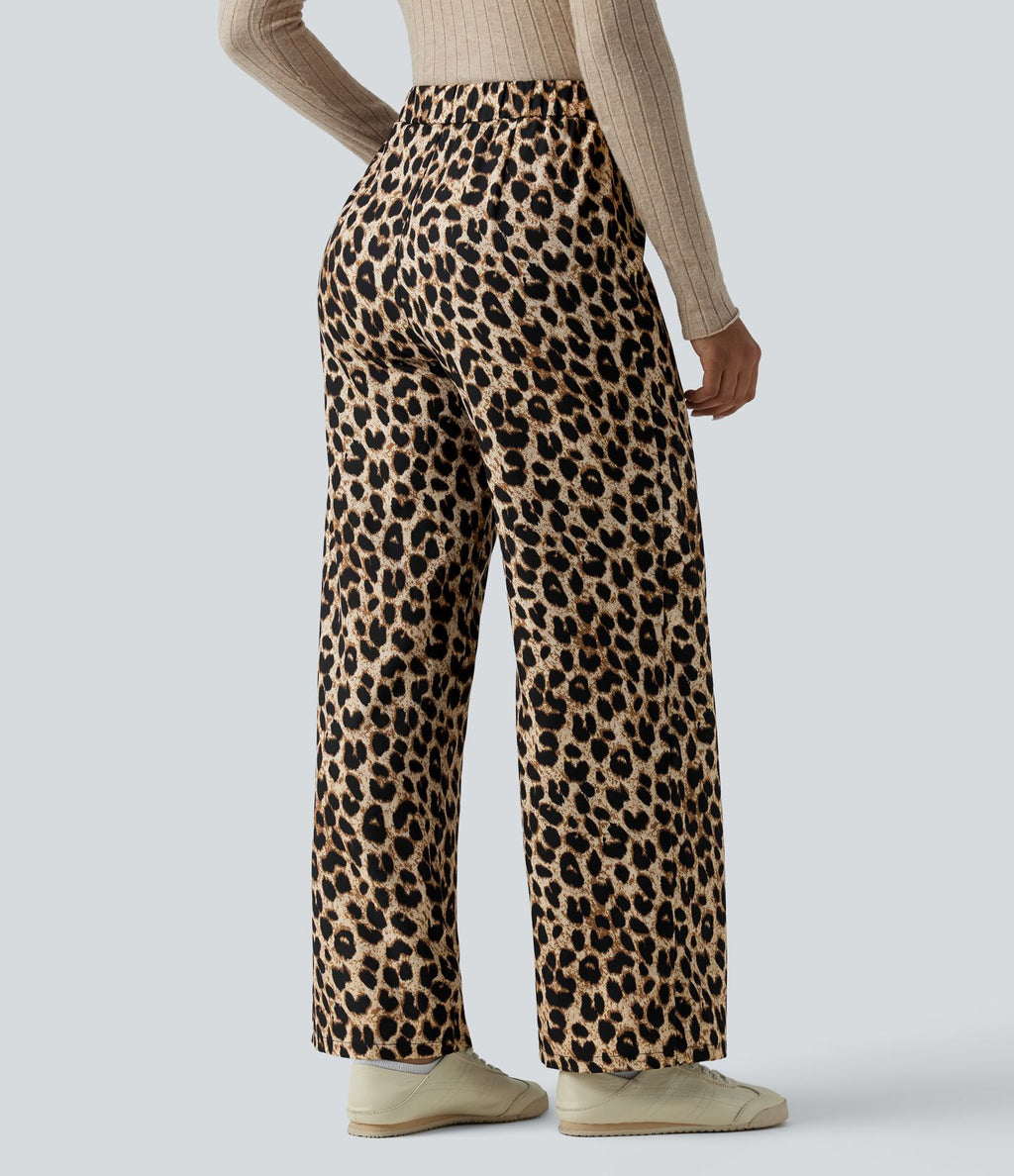 Pantalon tailleur large taille haute imprimé léopard avec liens latéraux