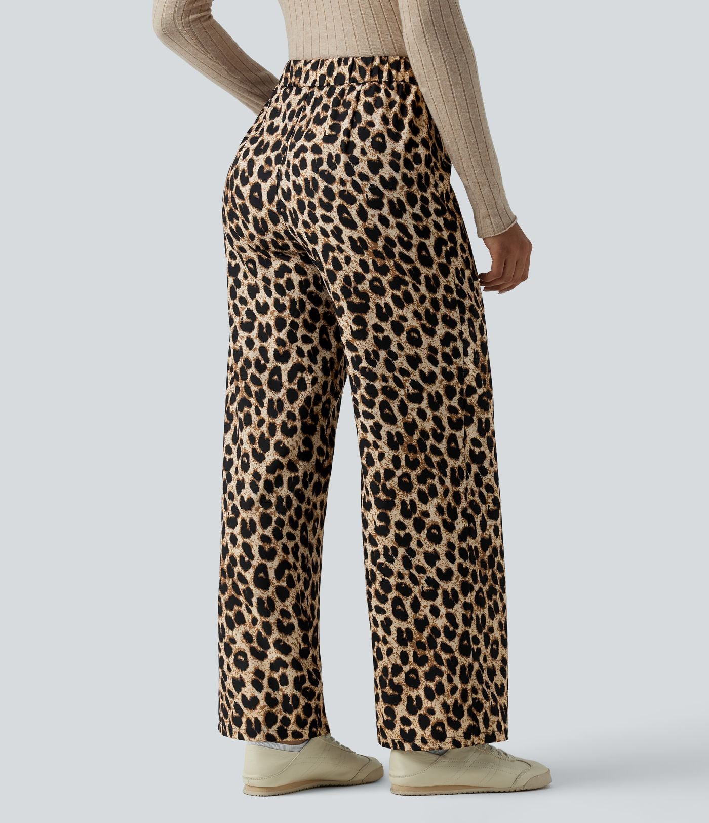 Pantalon tailleur large taille haute imprimé léopard avec liens latéraux