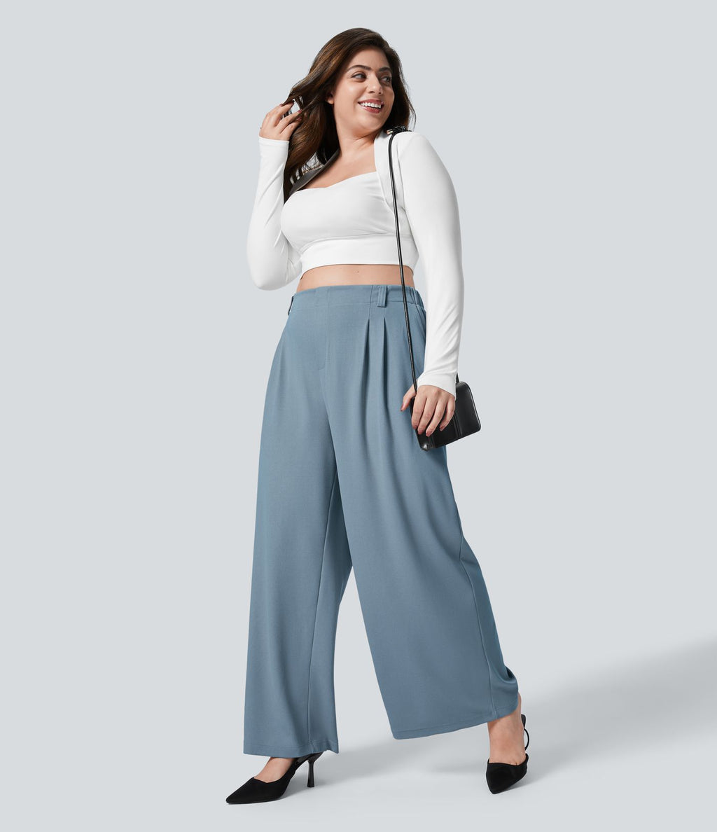 Halara Flex™ Pantalon tailleur Grande taille à Taille Haute, Poches Latérales Plissées, Jambes Larges, en Tissu Gaufré