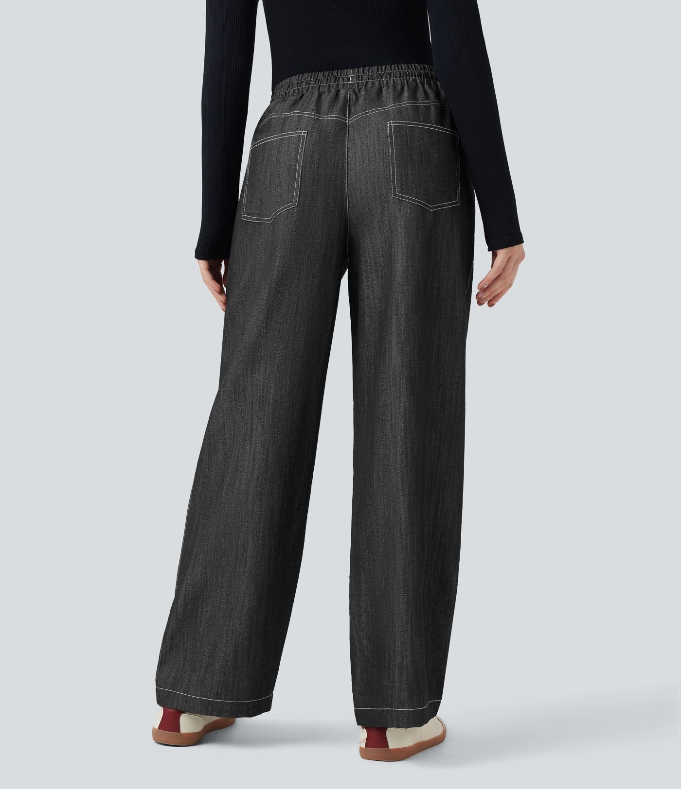 Pantalon décontracté large effet lin taille haute infroissable avec cordon et poches