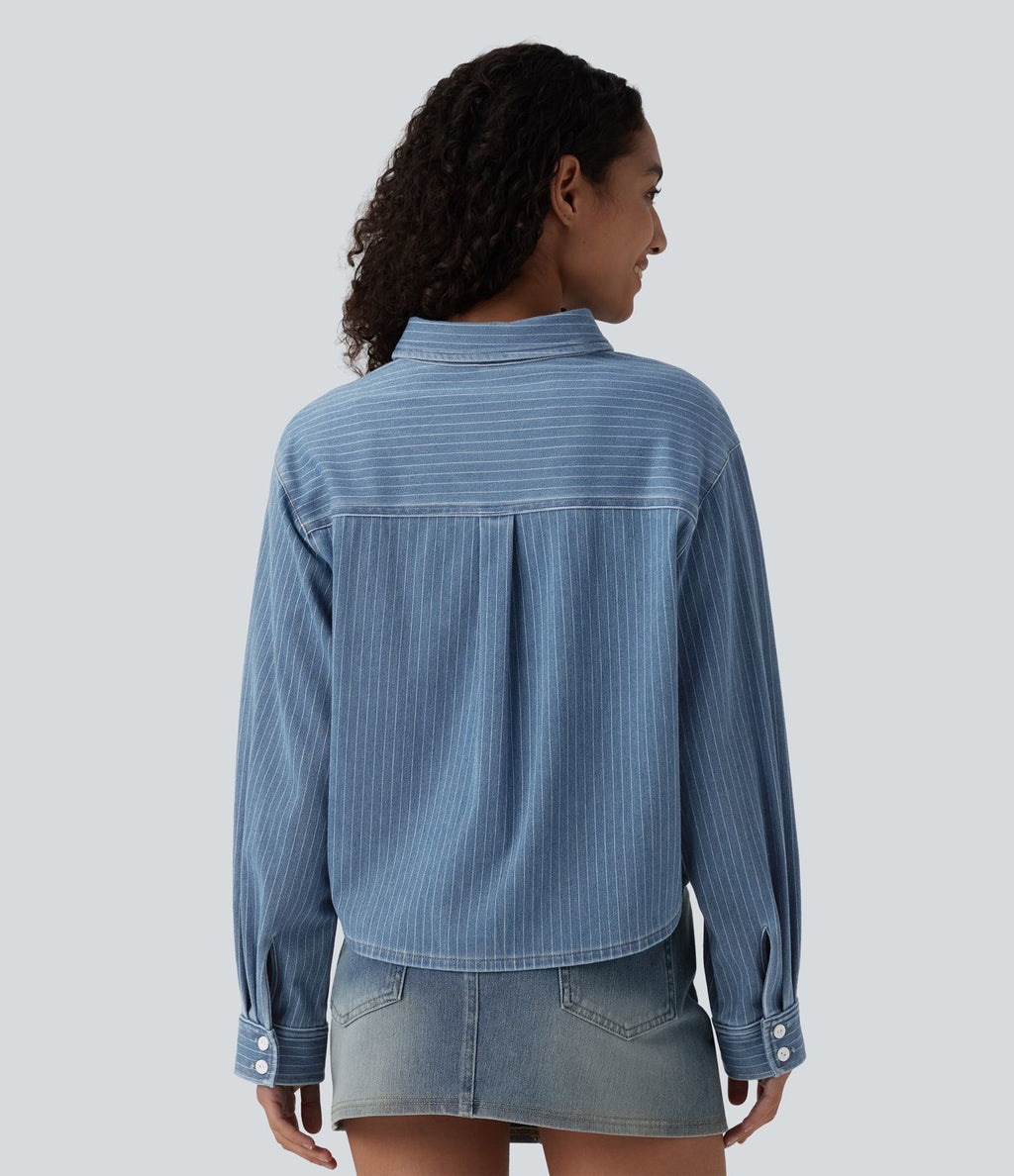 Halara Flex™ Chemise casual rayée en denim à manches longues avec poche