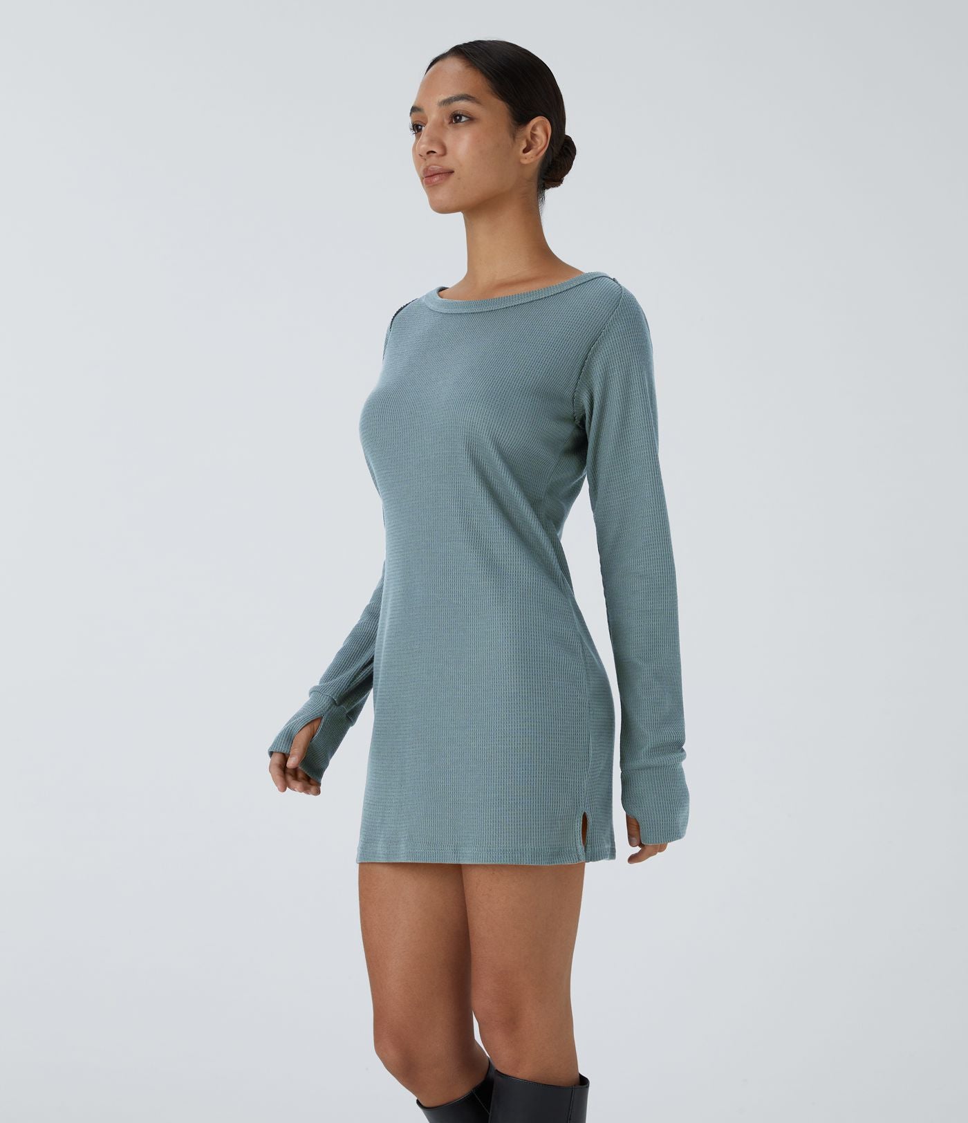 Robe Sweatshirt Casual Col Bateau Manches Raglan Avec Trous Pour Les Pouce Ourlet Fendu en Waffle