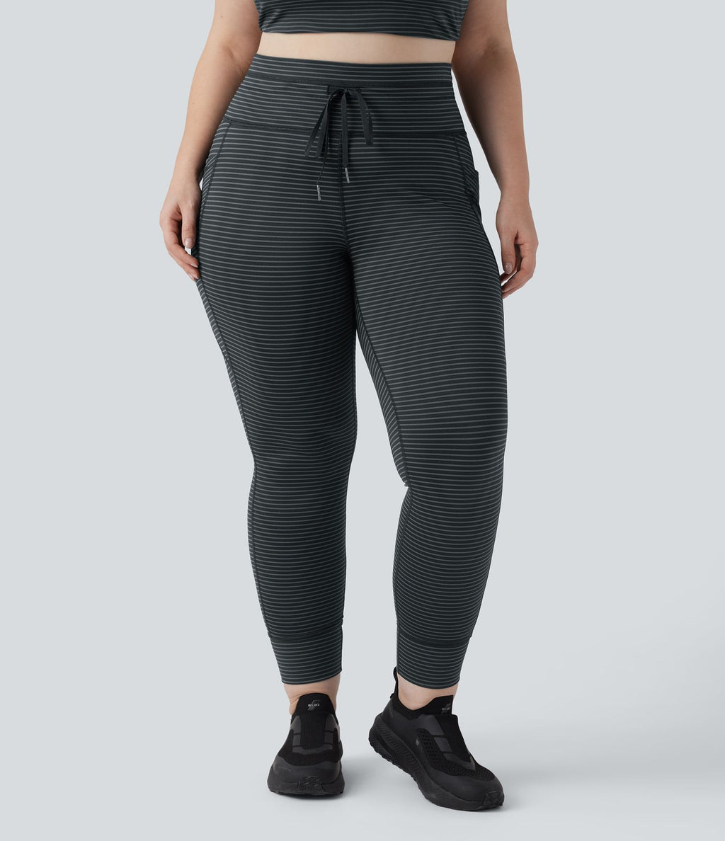 Legging yoga grande taille taille haute avec cordon de serrage à rayures avec poches