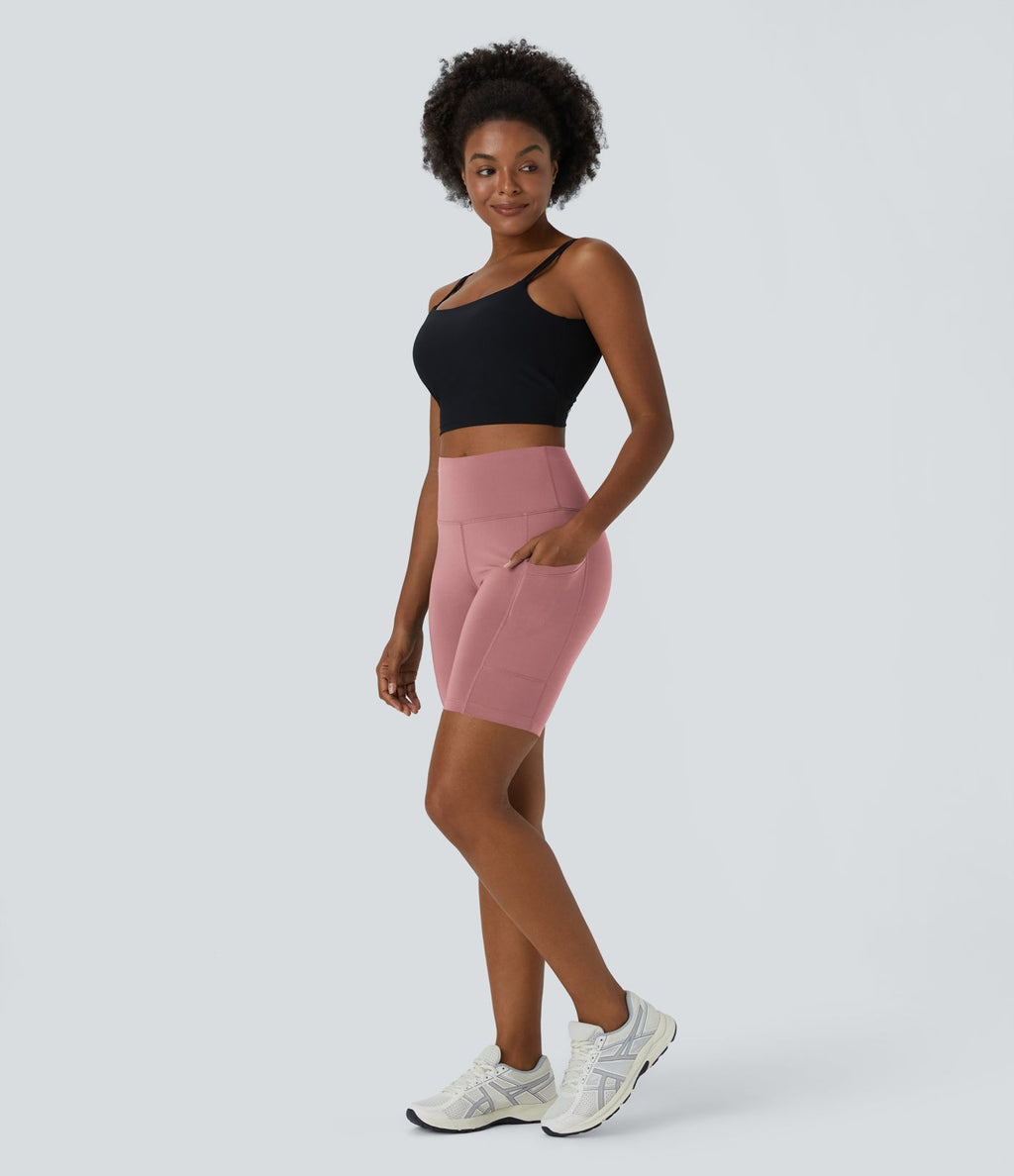 Short 17,5cm Biker Uni à Taille Haute avec Poche Latérale