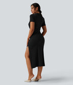 Robe midi décontractée col rond manches courtes