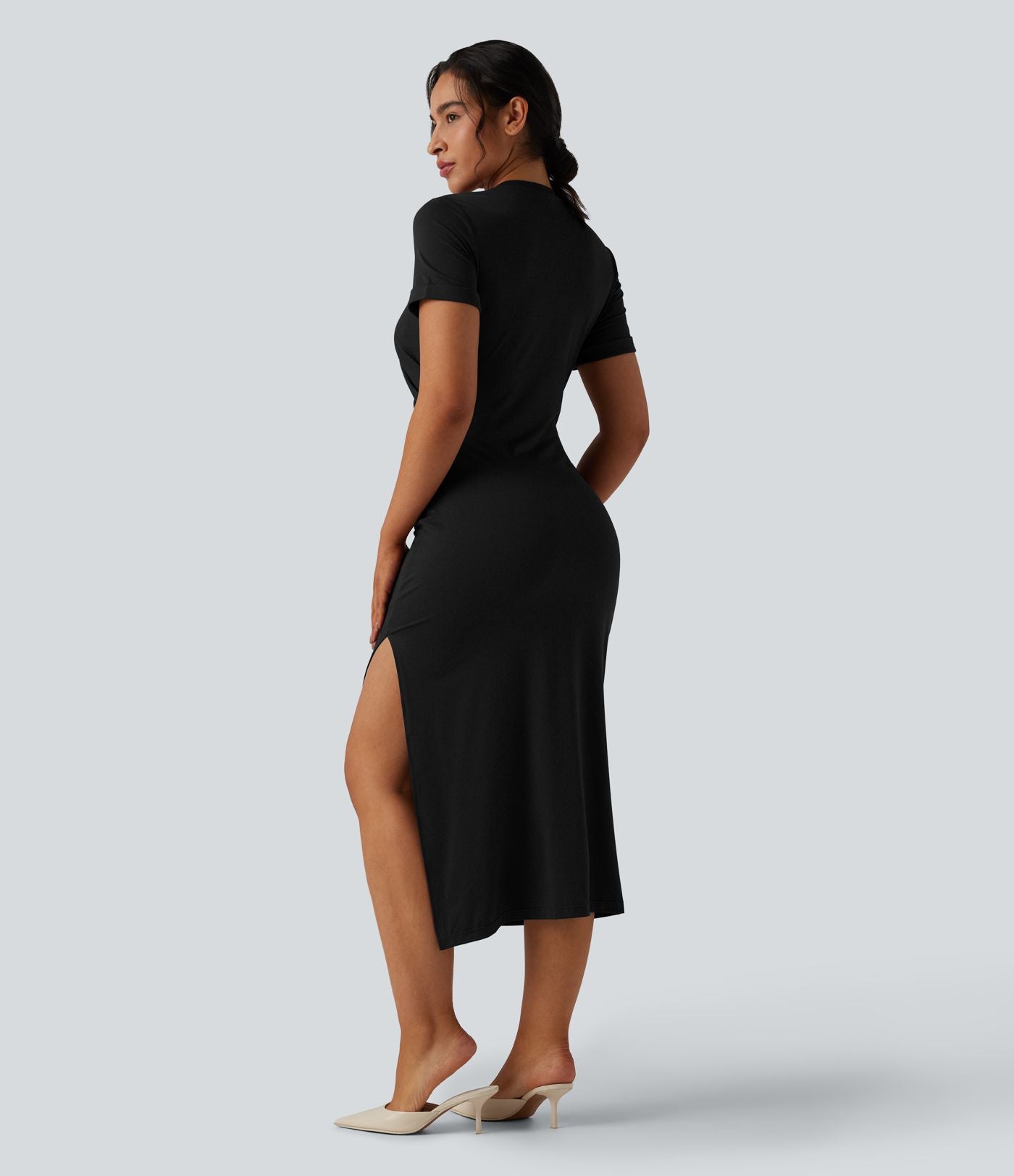 Robe midi décontractée col rond manches courtes