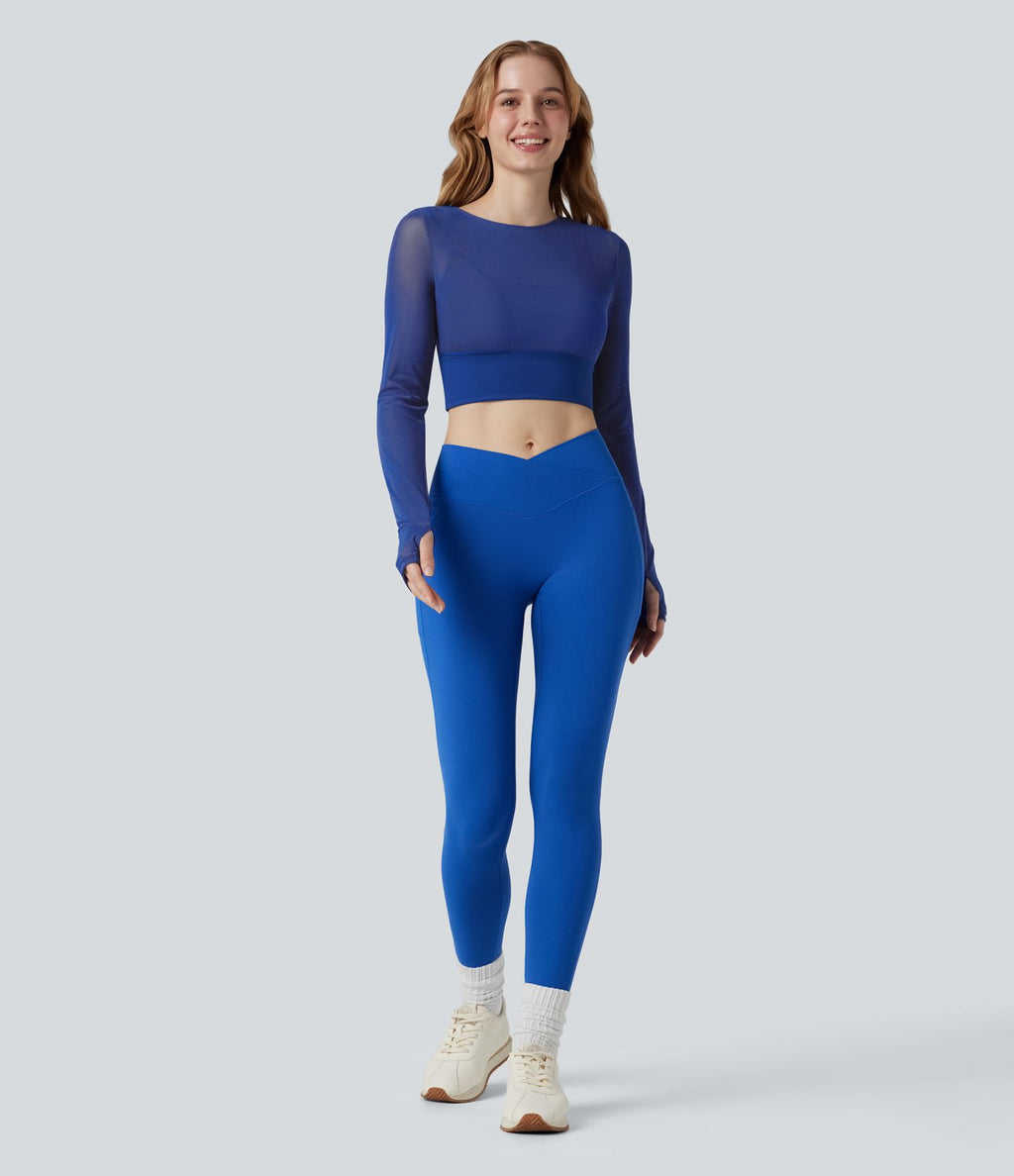 Haut de sport yoga cropped 2-en-1 manches longues mesh contrastant à trous pouces