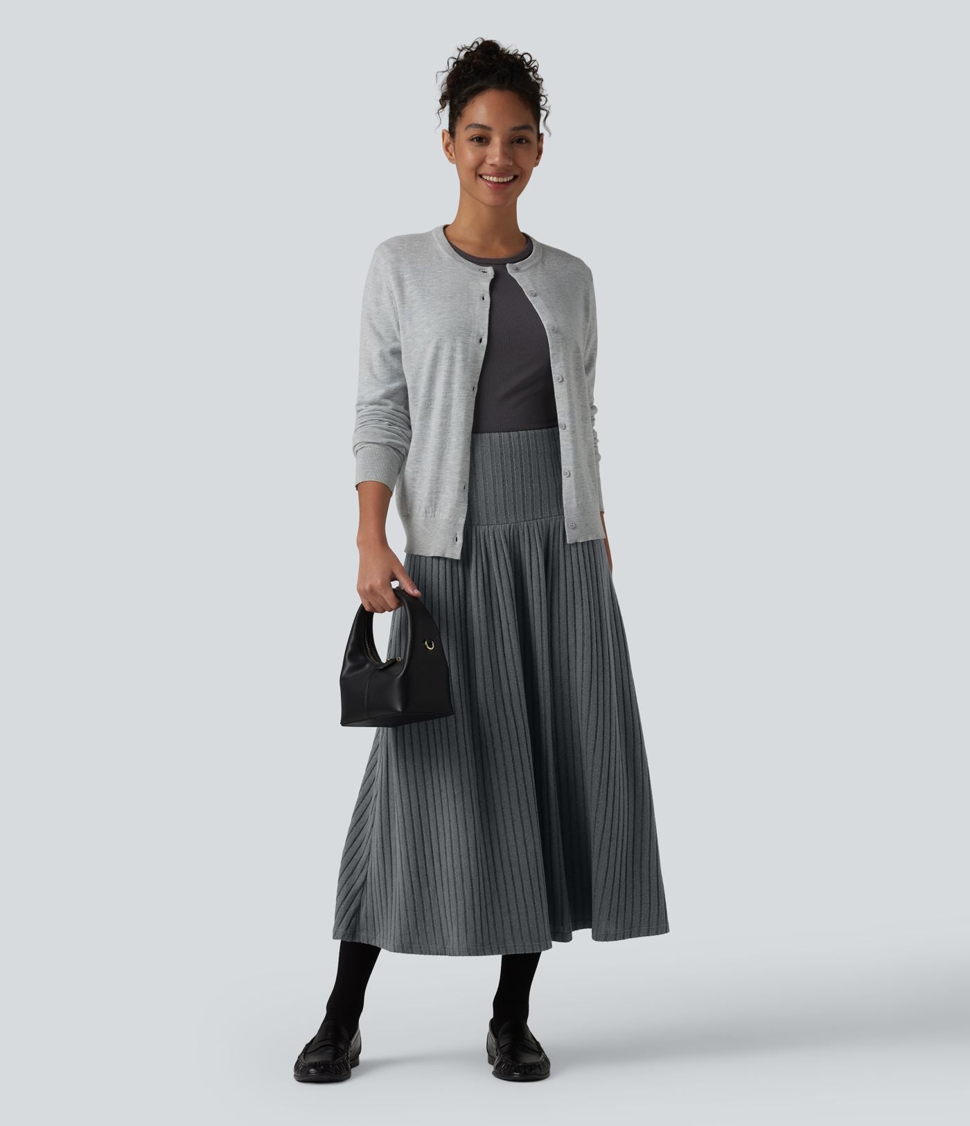 Jupe tailleur midi trapèze taille haute en maille côtelée