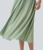 Jupe Casual Évasée Mesh Mi-Longue Fuide 2 en 1 Contrastée Taille Haute Cordon Poche Latérale