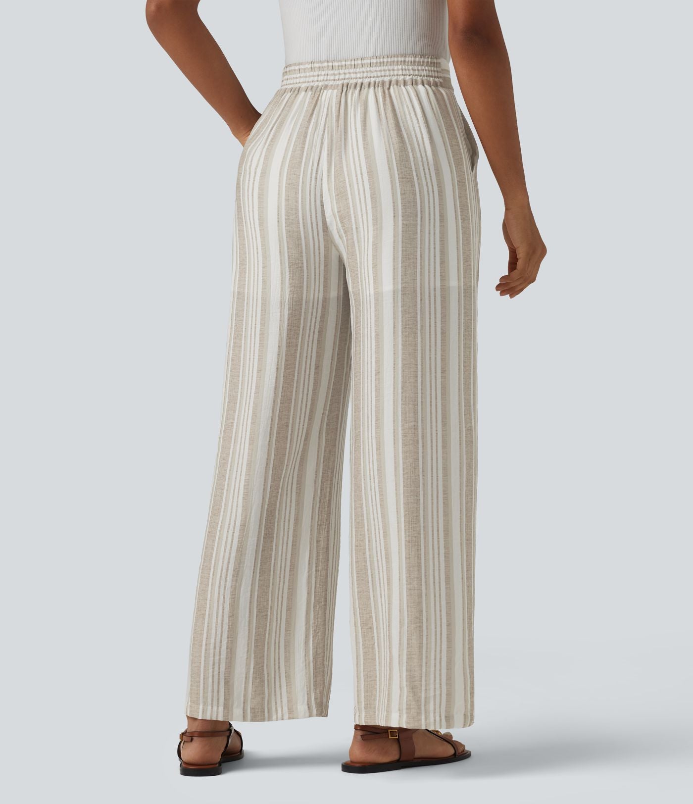 Pantalon casual large rayé taille haute avec poches