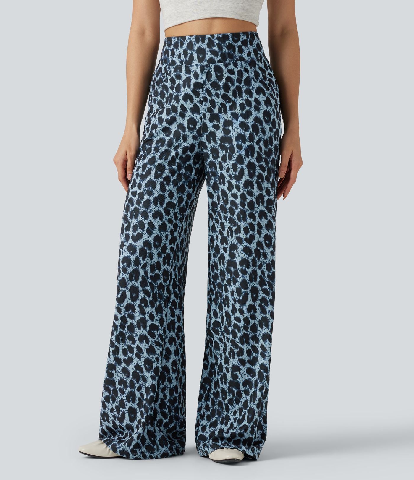 Pantalon large décontracté taille haute gaufré imprimé léopard avec poches