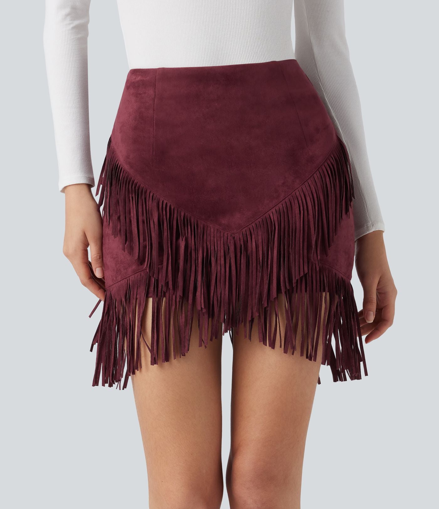 Jupe mini moulante décontractée 2-en-1 effet daim taille haute à franges