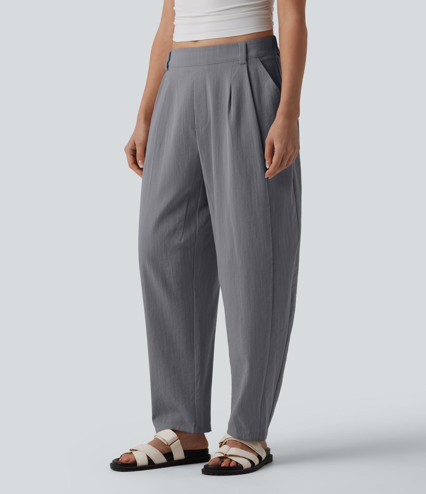 Pantalon décontracté coupe ballon taille mi-haute aspect lin avec poches