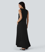 Robe longue décontractée fluide à col rond, sans manches, poches latérales et ourlet asymétrique