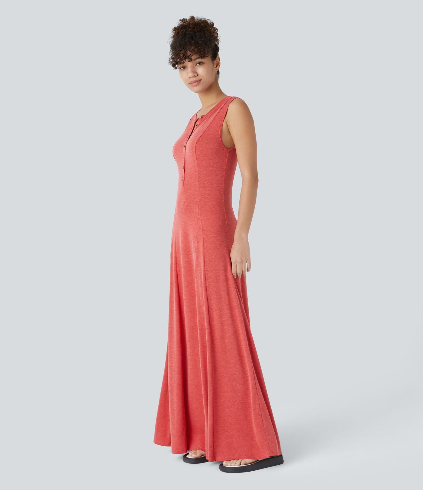 Robe Casual Maxi Col Rond Sans Manches Boutonnés