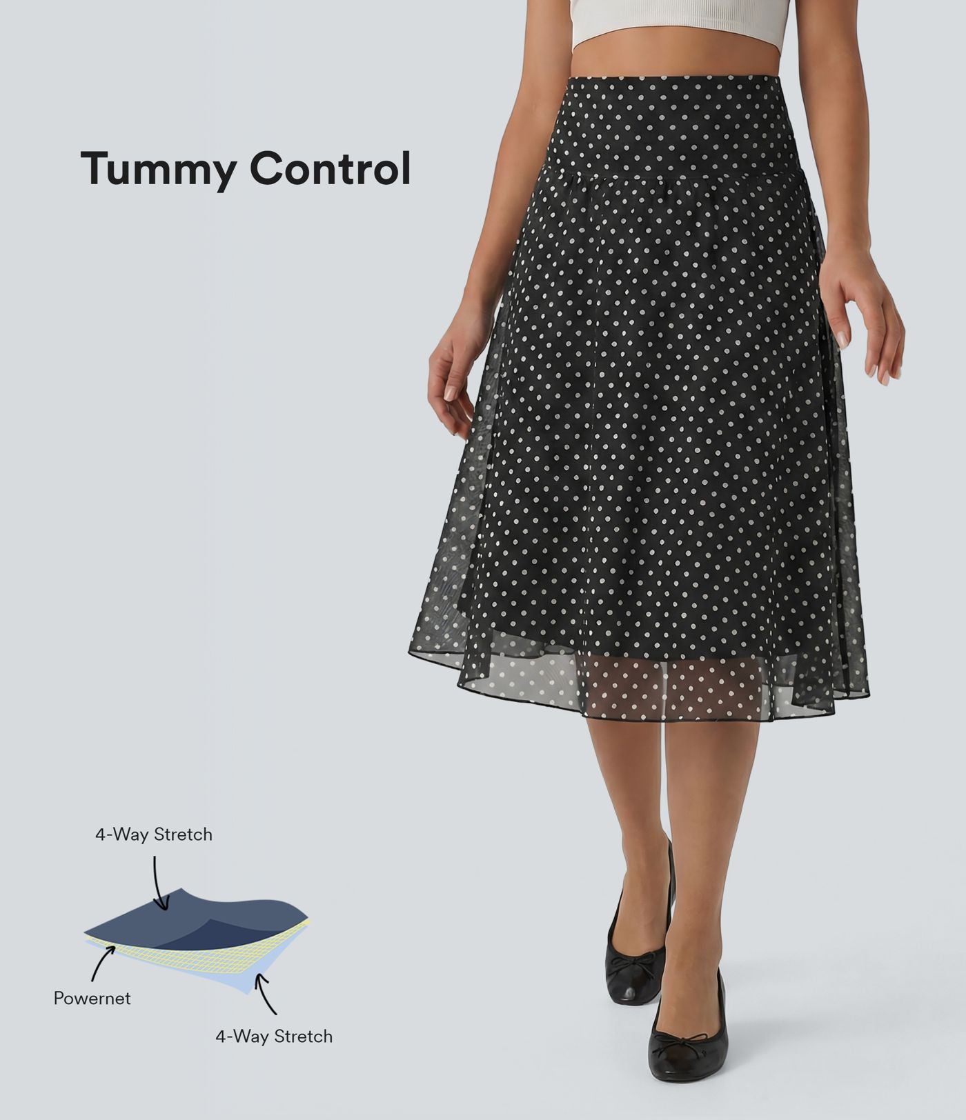 Jupe casual mi-longue gainante taille haute en mesh à pois avec poches
