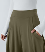 Pantalon décontracté drapé à poches multiples et taille moyenne, jambe large