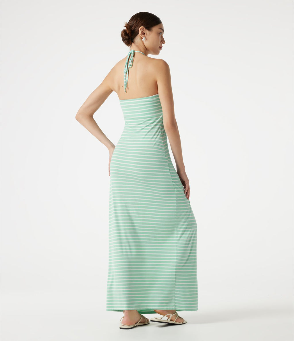 Robe maxi de plage à rayures col halter avec brassière intégrée, lien noué au dos et poches