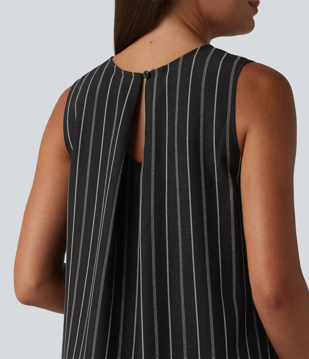 Robe décontractée midi col rond sans manches à rayures dos ajouré avec poches