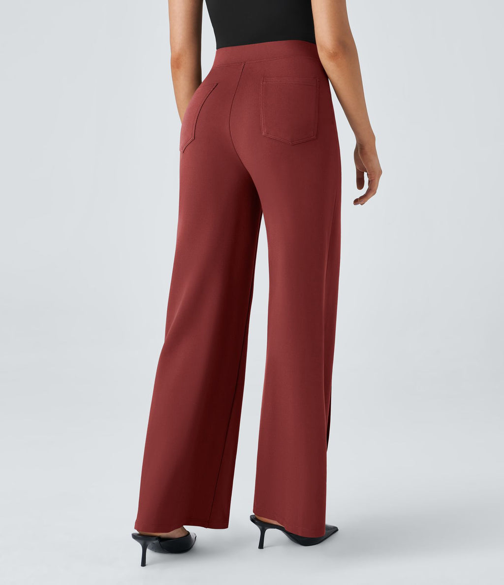 Pantalon Tailleur Large Taille Haute avec Bouton et Poches