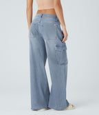 Jean cargo décontracté Halara Flex™ à taille basse, jambes larges, poches multiples et tissu extensible