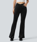 Pantalon évasé velours côtelé ceinture en V taille haute avec poches