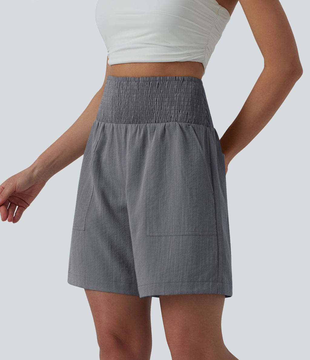 Bermuda casual aspect lin taille haute avec fronces 17,5 cm avec poches