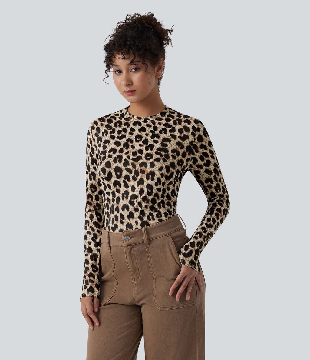 Top casual ajusté col rond manches longues imprimé léopard