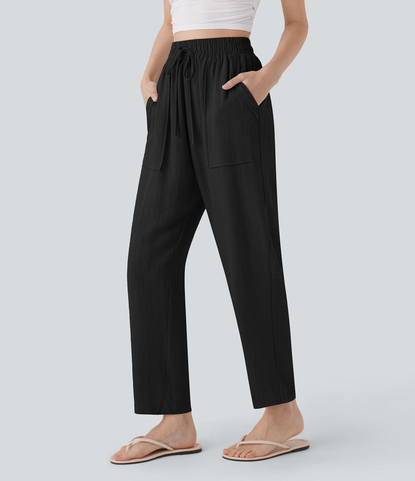 Pantalon décontracté taille haute avec cordon de serrage et poches