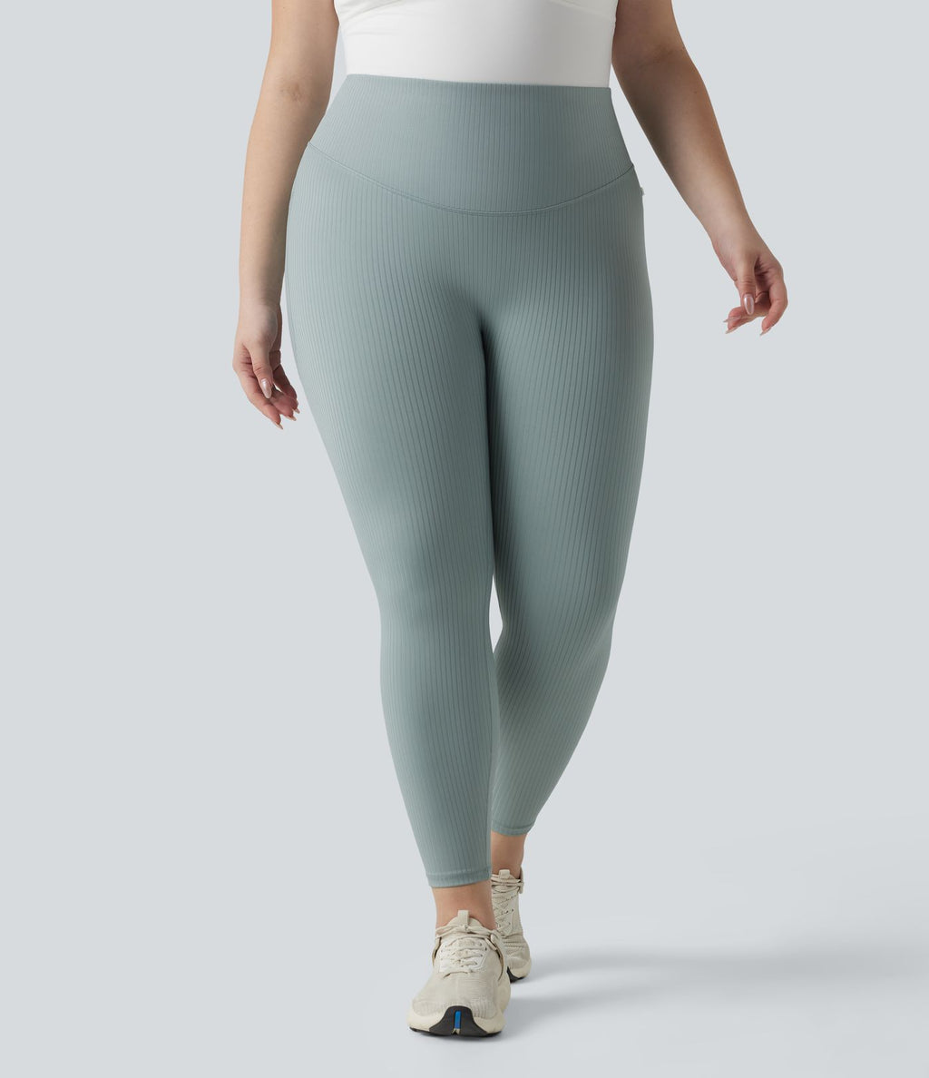 Legging sport grande taille en maille côtelé, effet ventre plat, taille haute avec poches