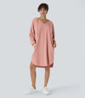Robe Sweatshirt Casual à Capuche avec Cordon Poches Latérales Ourlet Courbé Asymétrique Oversize Mini en Tissu Gaufré