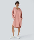 Robe Sweatshirt Casual à Capuche avec Cordon Poches Latérales Ourlet Courbé Asymétrique Oversize Mini en Tissu Gaufré