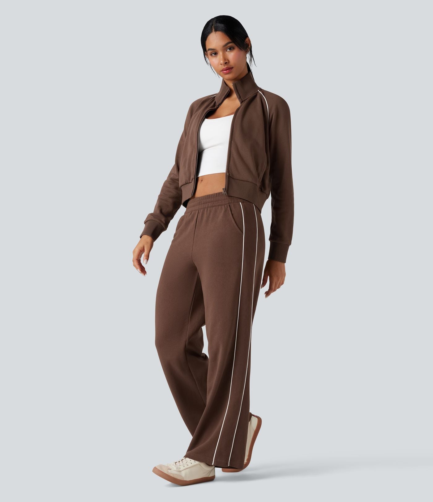 Pantalon jogging coton coupe droite taille mi-haute color block avec cordon de serrage et poches