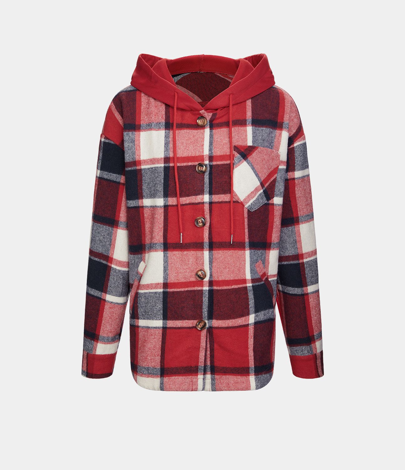 Veste de Casual à Carreaux en Polaire à Capuche avec Cordon de Serrage Boutons et Poches Latérales