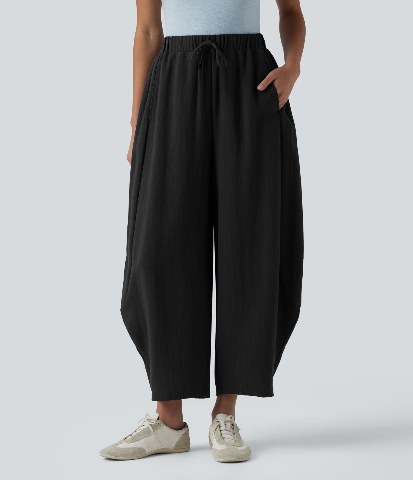 Pantalon décontracté effet lin jambes ballon taille haute avec cordon de serrage et poches