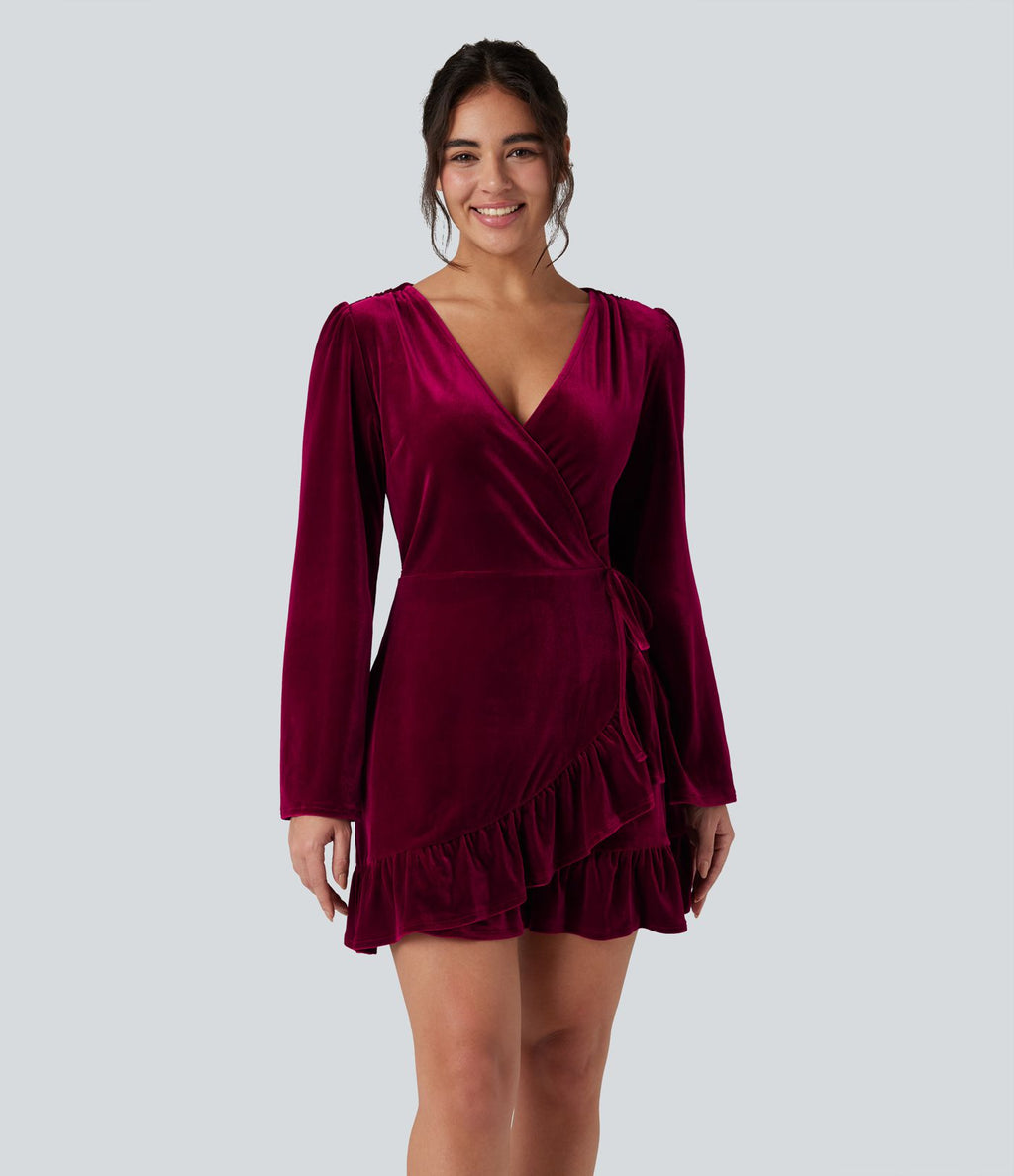 Robe mini velours portefeuille col V volants manches longues