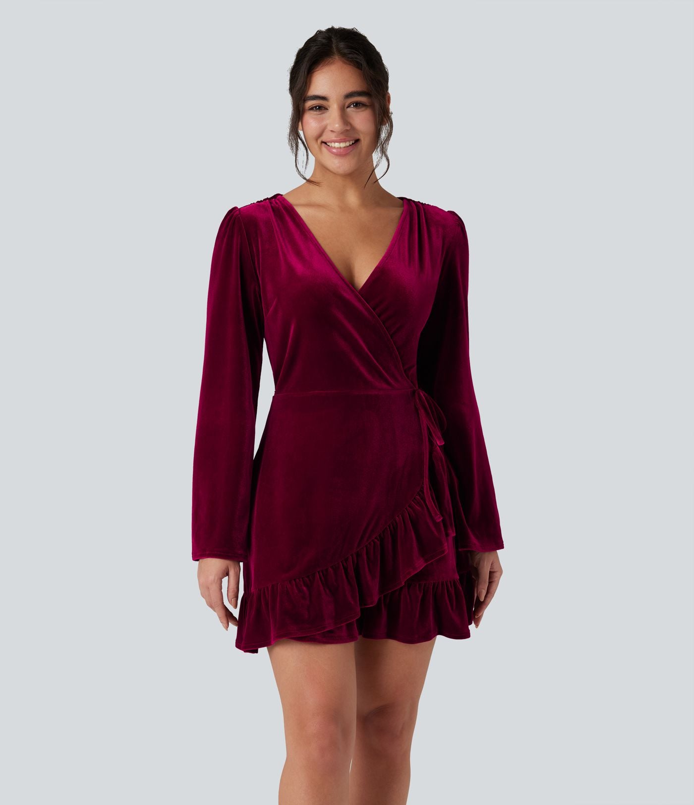 Robe mini velours portefeuille col V volants manches longues