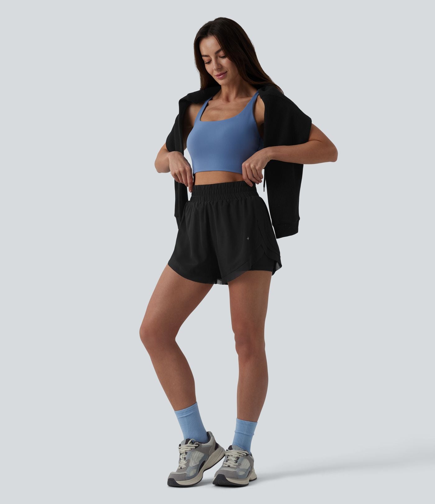 Short de running 2-en-1 taille haute mesh contrasté avec poches