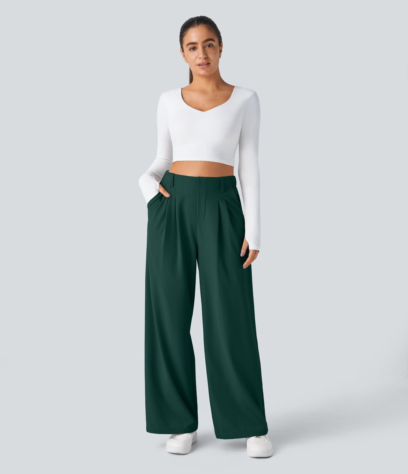 Halara Flex™ Pantalon Tailleur Large Fluide Gaufré Taille Haute Poches Latérales