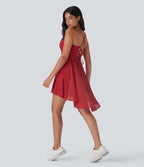 Robe de sport danse mini 2-en-1 laçage asymétrique résille contrastante fluide avec poche E-G