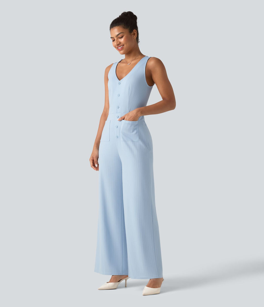 Combinaison tailleur rayée à jambes larges, décolleté en V, découpe et poches