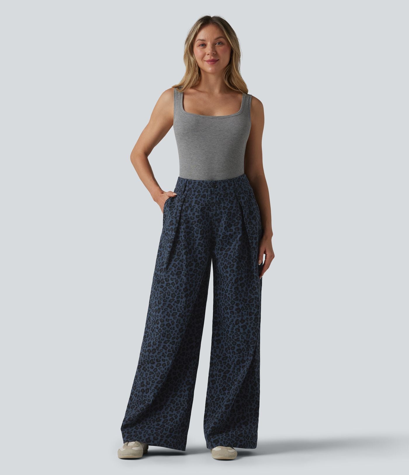 Pantalon large décontracté imprimé léopard taille mi-haute avec poches