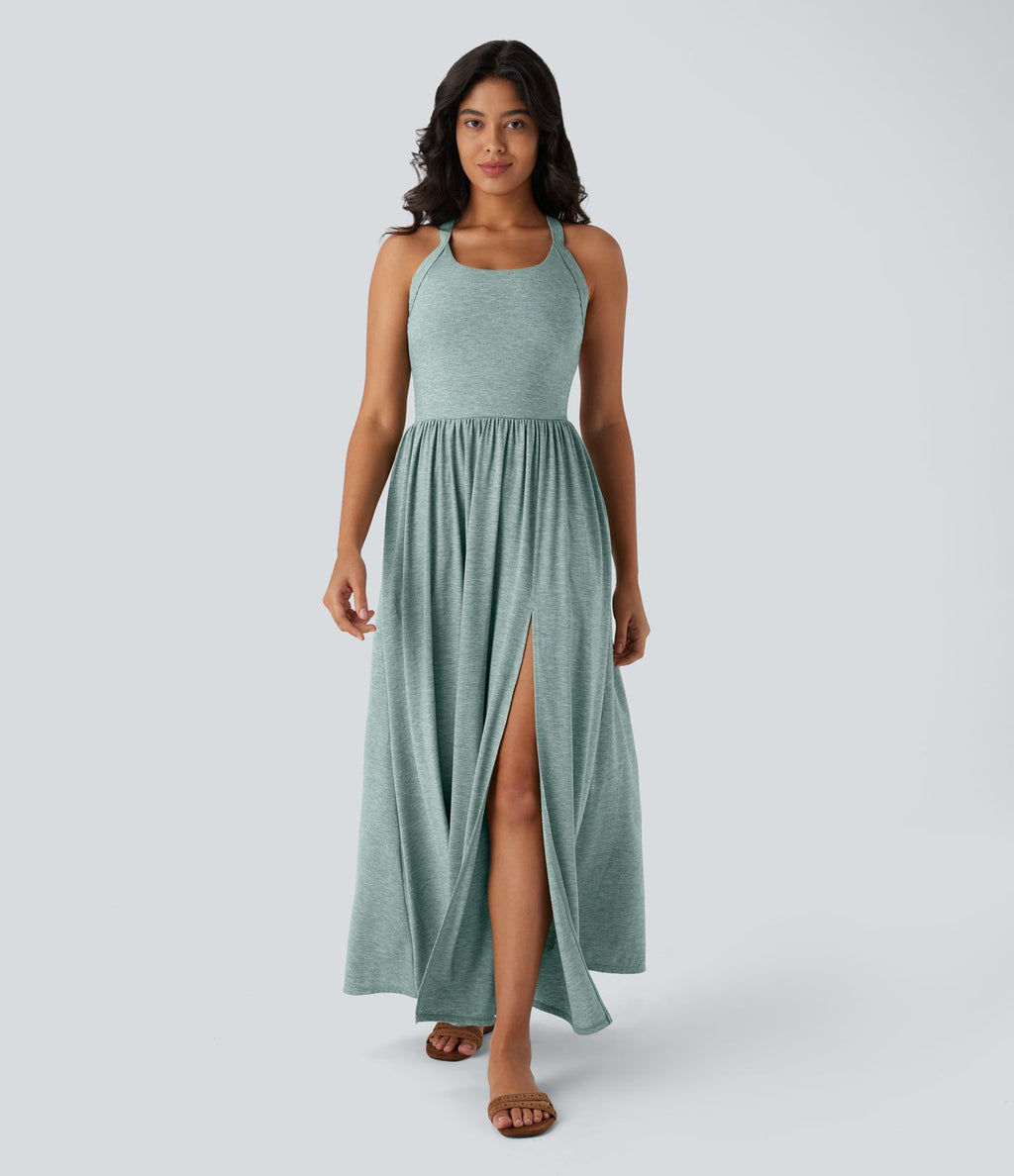 Robe longue fluide fendue avec poches latérales, dos nu et effet torsadé
