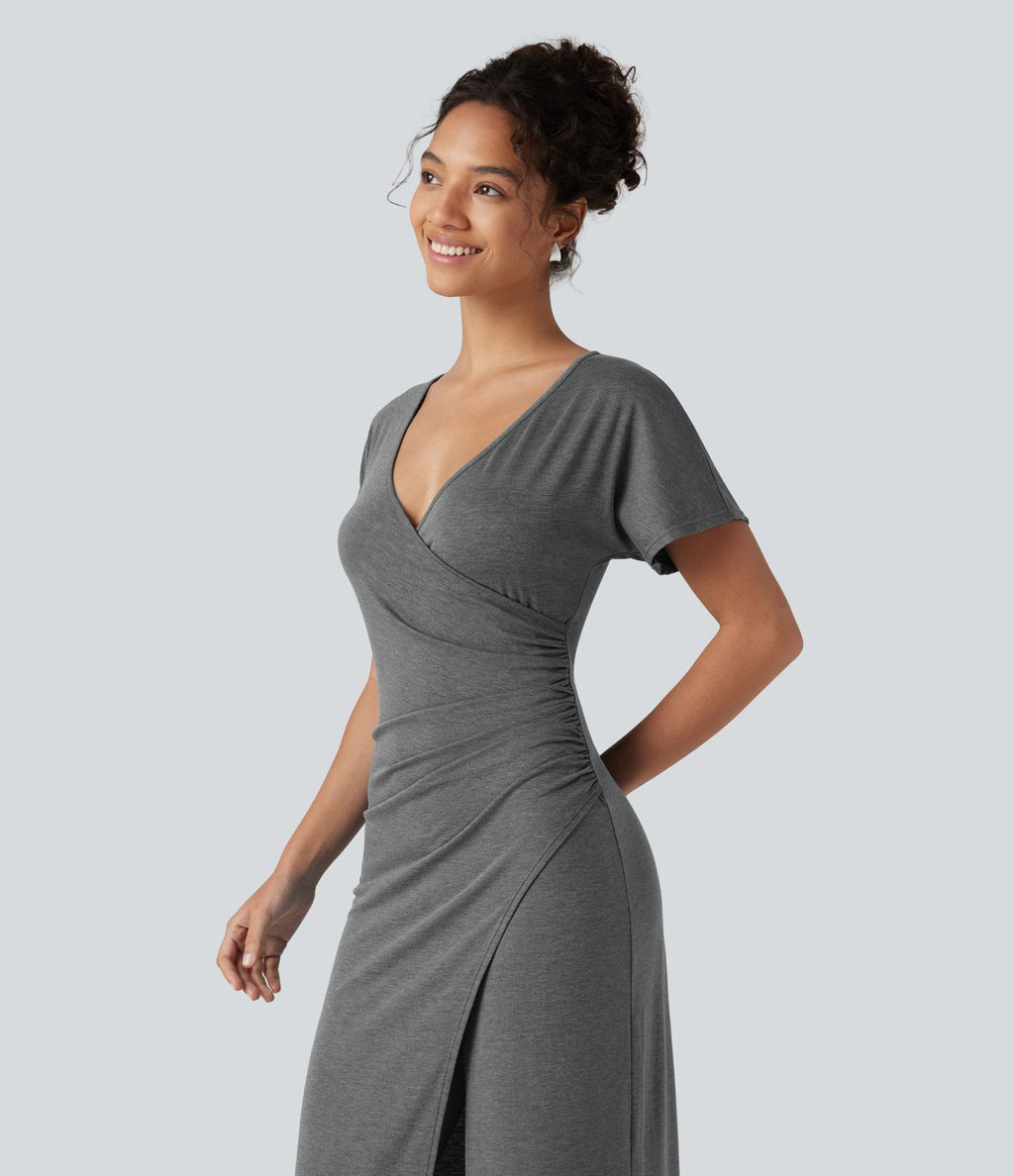 Robe longue moulante décontractée col V, manches chauve-souris, froncée avec fente