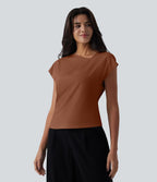 Blouse tailleur asymétrique col drapé manches courtes avec fronces et ourlet fendu
