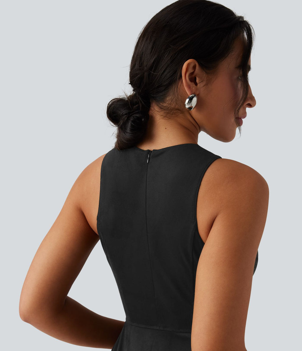 Robe mini moulante en suédine col rond sans manches avec franges