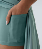 Jupe Casual Évasée Mesh Mi-Longue Fuide 2 en 1 Contrastée Taille Haute Cordon Poche Latérale